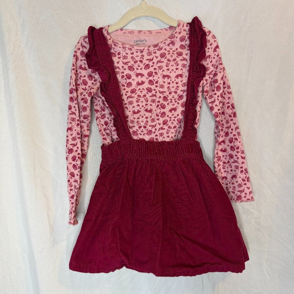 Carters Toddler Little Girls 4T 2 Piece Red Pink Woodland Dress Shirt Outfit